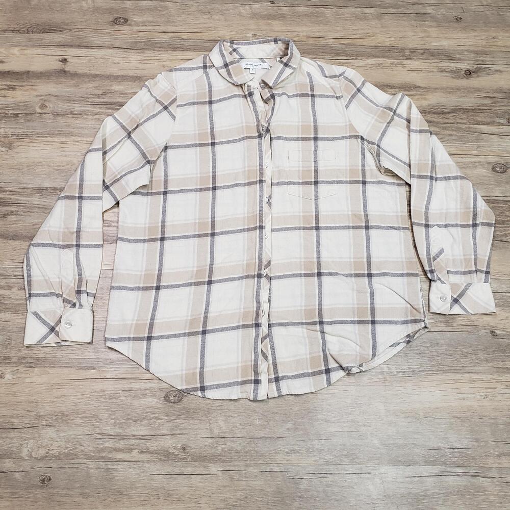 Foxcroft Shirt Womens 8 Beige Plaid Button Up Long Sleeve 100% Cotton Top